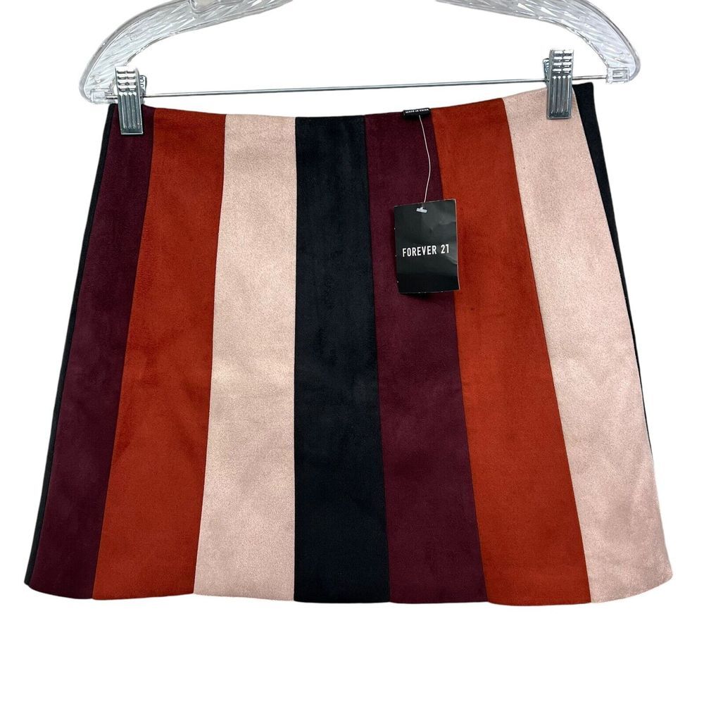 Forever 21 Womens Mini Skirt Striped A Line Vegan Suede Lined Black Rust Sz M*